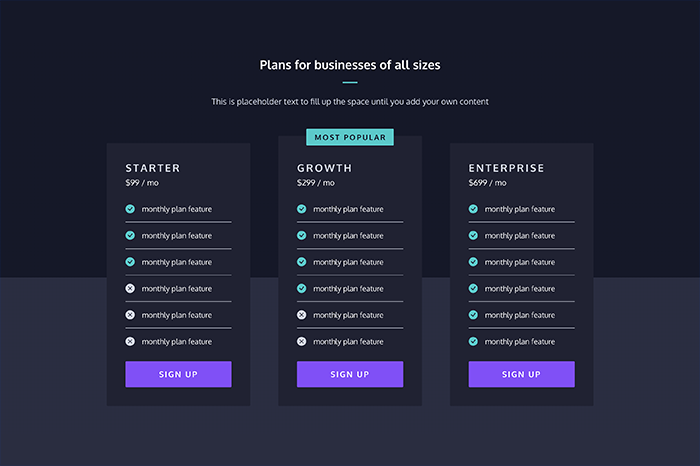 Image of a website pricing table